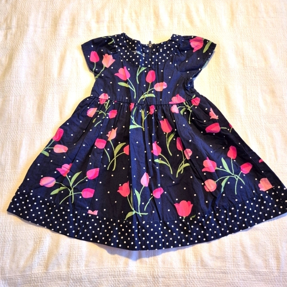 Gymboree Outlet girls size 2T navy with pink tulip design dress VGUC